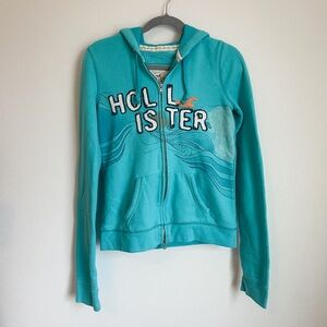 Y2K Teal Blue Hollister Zip Up Hoodie